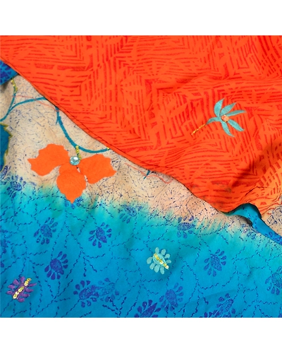 Sanskriti Vintage Sarees Orange Hand Beaded Pure Crepe Silk Printed Sari Fabric, PRC-19092-Orange-Printed Floral Design-Pure Crepe Silk-5