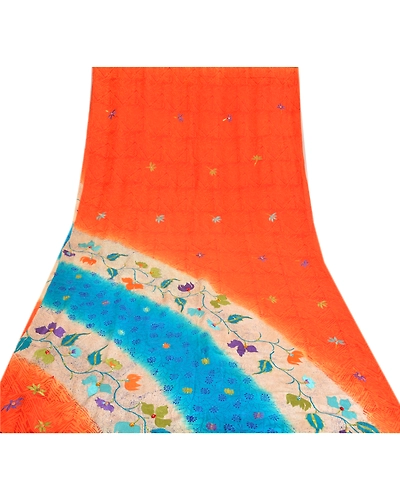 Sanskriti Vintage Sarees Orange Hand Beaded Pure Crepe Silk Printed Sari Fabric, PRC-19092-Orange-Printed Floral Design-Pure Crepe Silk-8
