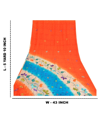 Sanskriti Vintage Sarees Orange Hand Beaded Pure Crepe Silk Printed Sari Fabric, PRC-19092-Orange-Printed Floral Design-Pure Crepe Silk-9