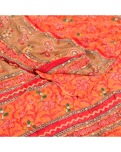 Sanskriti Vintage Sarees Orange Hand Beaded Pure Crepe Silk Printed Sari Fabric, PRC-19094-Orange-Printed Floral Design-Pure Crepe Silk-1