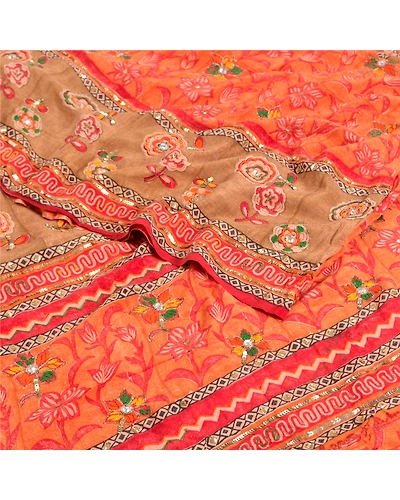 Sanskriti Vintage Sarees Orange Hand Beaded Pure Crepe Silk Printed Sari Fabric, PRC-19094-Orange-Printed Floral Design-Pure Crepe Silk-2