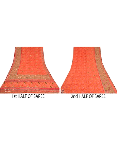 Sanskriti Vintage Sarees Orange Hand Beaded Pure Crepe Silk Printed Sari Fabric, PRC-19094-Orange-Printed Floral Design-Pure Crepe Silk-4
