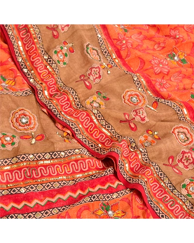 Sanskriti Vintage Sarees Orange Hand Beaded Pure Crepe Silk Printed Sari Fabric, PRC-19094-Orange-Printed Floral Design-Pure Crepe Silk-5