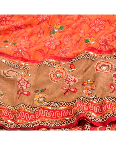 Sanskriti Vintage Sarees Orange Hand Beaded Pure Crepe Silk Printed Sari Fabric, PRC-19094-Orange-Printed Floral Design-Pure Crepe Silk-6