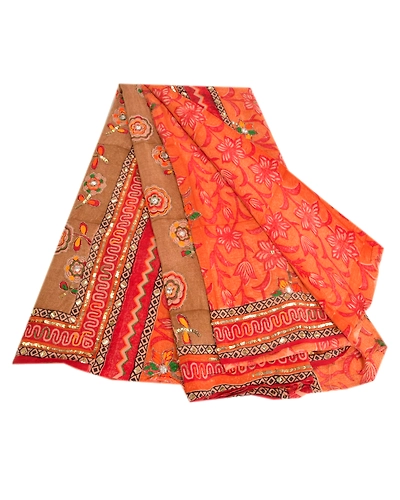 Sanskriti Vintage Sarees Orange Hand Beaded Pure Crepe Silk Printed Sari Fabric, PRC-19094-Orange-Printed Floral Design-Pure Crepe Silk-7