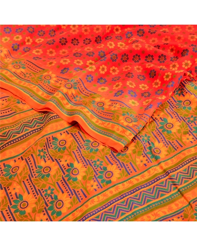 Sanskriti Vintage Sarees Red Printed Indian Pure Crepe Silk Sari Craft Fabric, PRC-19096-Red-Printed Floral Design-Pure Crepe Silk-2