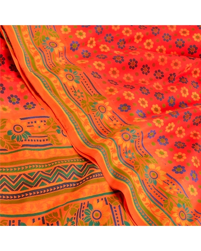 Sanskriti Vintage Sarees Red Printed Indian Pure Crepe Silk Sari Craft Fabric, PRC-19096-Red-Printed Floral Design-Pure Crepe Silk-6