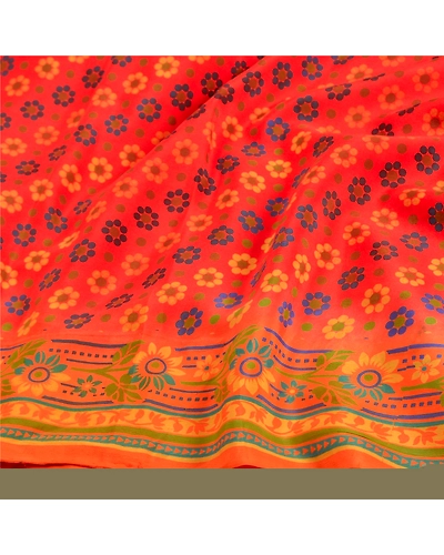 Sanskriti Vintage Sarees Red Printed Indian Pure Crepe Silk Sari Craft Fabric, PRC-19096-Red-Printed Floral Design-Pure Crepe Silk-7