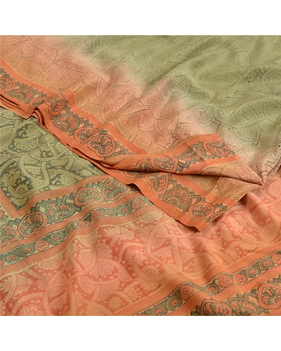 Sanskriti Vintage Sarees Indian Green Pure Crepe Silk Printed Sari Craft Fabric, PRC-19105-Green-Printed Floral Design-Pure Crepe Silk-1