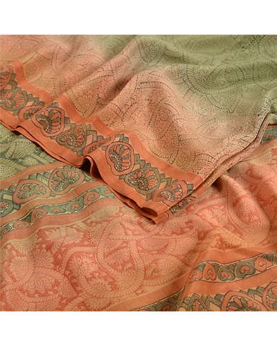 Sanskriti Vintage Sarees Indian Green Pure Crepe Silk Printed Sari Craft Fabric, PRC-19105-Green-Printed Floral Design-Pure Crepe Silk-2