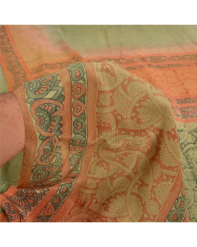 Sanskriti Vintage Sarees Indian Green Pure Crepe Silk Printed Sari Craft Fabric, PRC-19105-Green-Printed Floral Design-Pure Crepe Silk-3