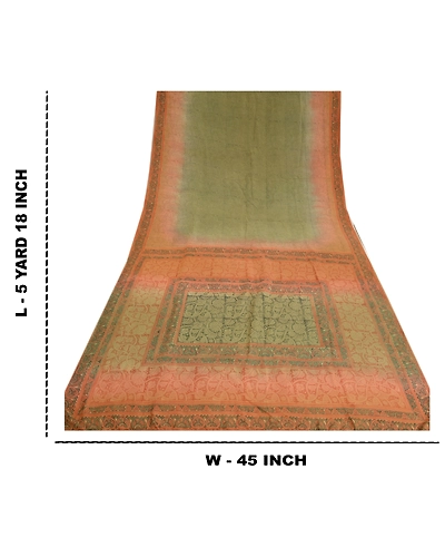Sanskriti Vintage Sarees Indian Green Pure Crepe Silk Printed Sari Craft Fabric, PRC-19105-Green-Printed Floral Design-Pure Crepe Silk-9