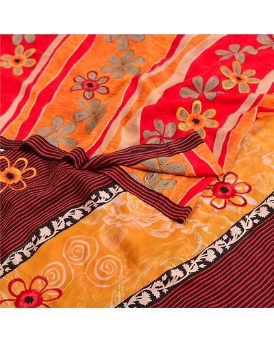 Sanskriti Vintage Sarees Red Pure Crepe Silk Printed Sari Floral Craft Fabric, PRC-19108-Red-Printed Floral Design-Pure Crepe Silk-1