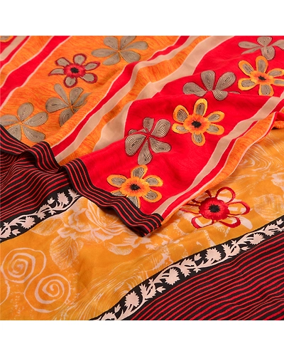 Sanskriti Vintage Sarees Red Pure Crepe Silk Printed Sari Floral Craft Fabric, PRC-19108-Red-Printed Floral Design-Pure Crepe Silk-2