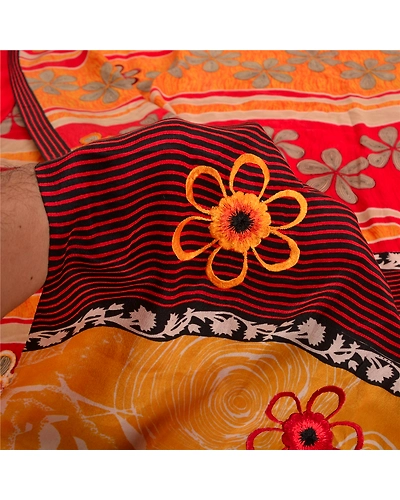 Sanskriti Vintage Sarees Red Pure Crepe Silk Printed Sari Floral Craft Fabric, PRC-19108-Red-Printed Floral Design-Pure Crepe Silk-3
