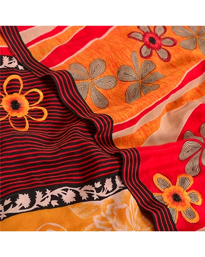 Sanskriti Vintage Sarees Red Pure Crepe Silk Printed Sari Floral Craft Fabric, PRC-19108-Red-Printed Floral Design-Pure Crepe Silk-5