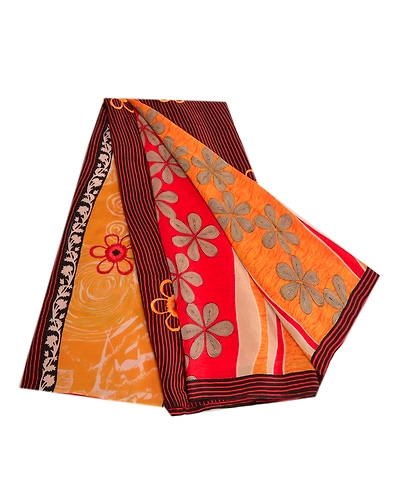 Sanskriti Vintage Sarees Red Pure Crepe Silk Printed Sari Floral Craft Fabric, PRC-19108-Red-Printed Floral Design-Pure Crepe Silk-7