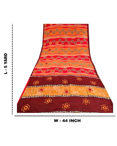 Sanskriti Vintage Sarees Red Pure Crepe Silk Printed Sari Floral Craft Fabric, PRC-19108-Red-Printed Floral Design-Pure Crepe Silk-9