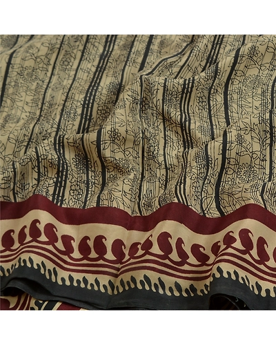 Sanskriti Vintage Sarees Gray Pure Crepe Silk Printed Sari Floral Craft Fabric, PRC-19110-Gray-Printed Floral Design-Pure Crepe Silk-6