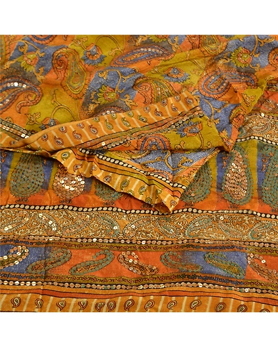 Sanskriti Vintage Sarees Green Hand Bead Pure Crepe Silk Print Sari Craft Fabric, PRC-19119-Green-Printed Floral Design-Pure Crepe Silk-1