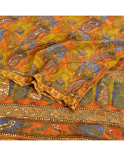 Sanskriti Vintage Sarees Green Hand Bead Pure Crepe Silk Print Sari Craft Fabric, PRC-19119-Green-Printed Floral Design-Pure Crepe Silk-2