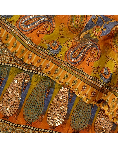 Sanskriti Vintage Sarees Green Hand Bead Pure Crepe Silk Print Sari Craft Fabric, PRC-19119-Green-Printed Floral Design-Pure Crepe Silk-5