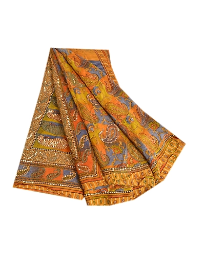 Sanskriti Vintage Sarees Green Hand Bead Pure Crepe Silk Print Sari Craft Fabric, PRC-19119-Green-Printed Floral Design-Pure Crepe Silk-7