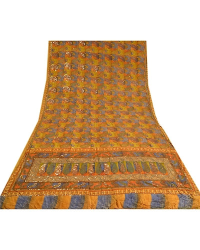 Sanskriti Vintage Sarees Green Hand Bead Pure Crepe Silk Print Sari Craft Fabric, PRC-19119-Green-Printed Floral Design-Pure Crepe Silk-8