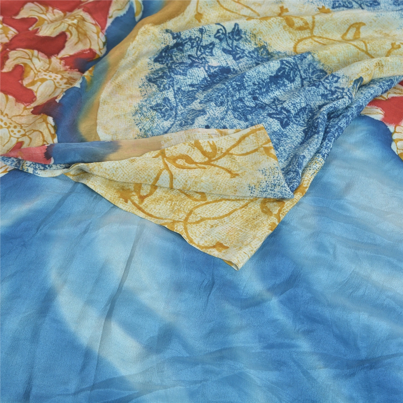 Sanskriti Vintage Sarees Cream &amp; Blue Pure Crepe Silk Printed Sari Craft Fabric, PRC-19129-Cream &amp; Blue-Printed Floral Design-Pure Crepe Silk-1