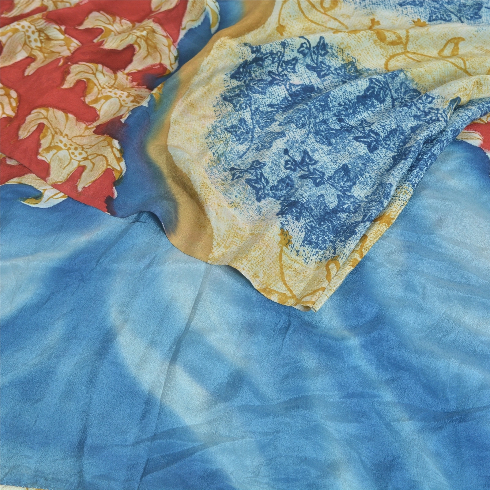 Sanskriti Vintage Sarees Cream &amp; Blue Pure Crepe Silk Printed Sari Craft Fabric, PRC-19129-Cream &amp; Blue-Printed Floral Design-Pure Crepe Silk-2