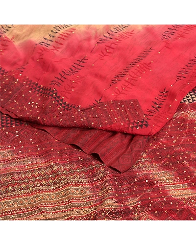 Sanskriti Vintage Sarees Red Tie-Dye Hand Beaded Kantha Pure Crepe Sari Fabric, PRC-19145-Dark Red-Printed Floral Design-Pure Crepe Silk-1
