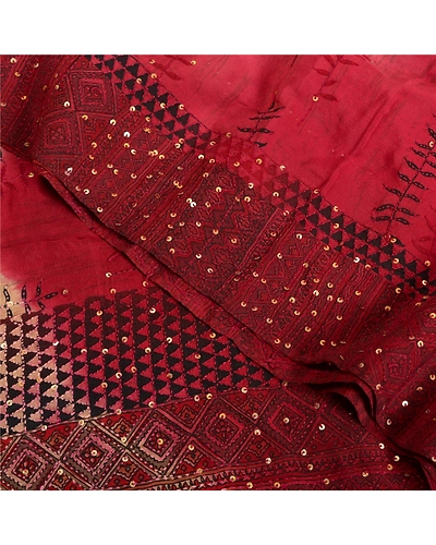 Sanskriti Vintage Sarees Red Tie-Dye Hand Beaded Kantha Pure Crepe Sari Fabric, PRC-19145-Dark Red-Printed Floral Design-Pure Crepe Silk-5
