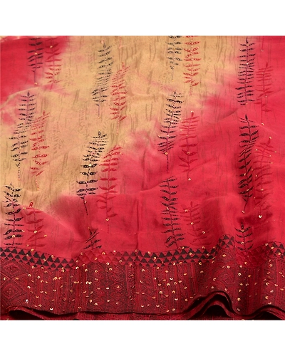 Sanskriti Vintage Sarees Red Tie-Dye Hand Beaded Kantha Pure Crepe Sari Fabric, PRC-19145-Dark Red-Printed Floral Design-Pure Crepe Silk-6