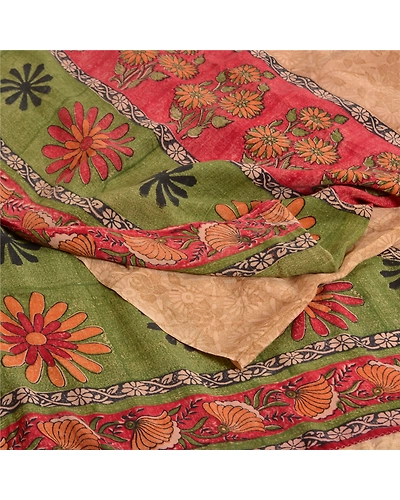 Sanskriti Vintage Sarees Indian Brown Printed Pure Crepe Silk Sari Craft Fabric, PRC-19148-Brown-Printed Floral Design-Pure Crepe Silk-1