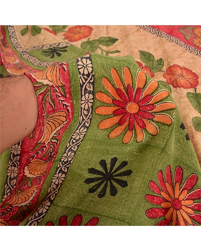 Sanskriti Vintage Sarees Indian Brown Printed Pure Crepe Silk Sari Craft Fabric, PRC-19148-Brown-Printed Floral Design-Pure Crepe Silk-3