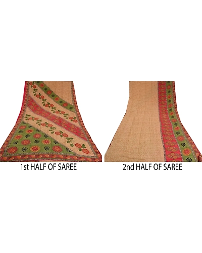 Sanskriti Vintage Sarees Indian Brown Printed Pure Crepe Silk Sari Craft Fabric, PRC-19148-Brown-Printed Floral Design-Pure Crepe Silk-4