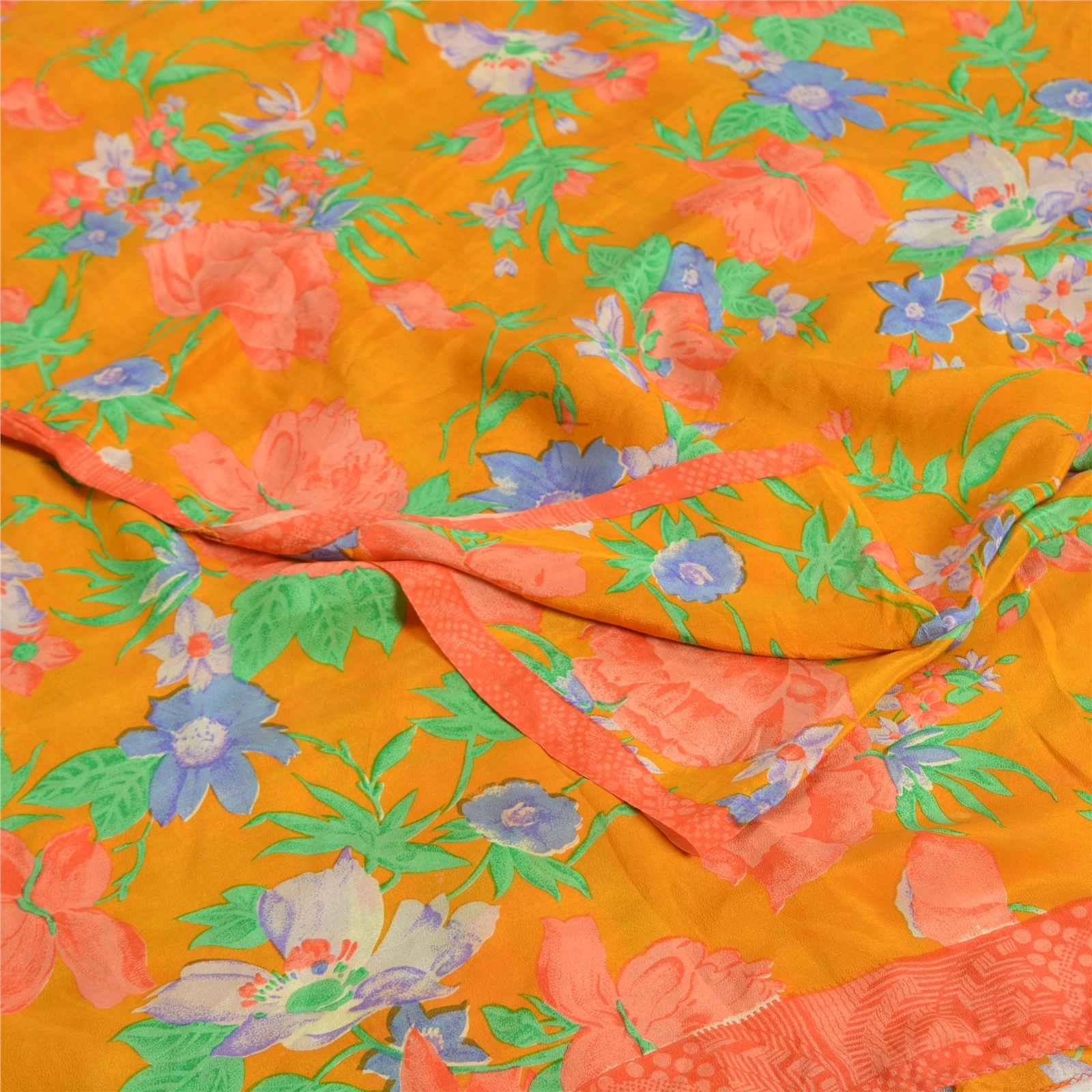 Sanskriti Vintage Sarees Saffron Pure Crepe Silk Printed Sari Soft Craft Fabric, PRC-19164-Saffron-Printed Floral Design-Pure Crepe Silk-1