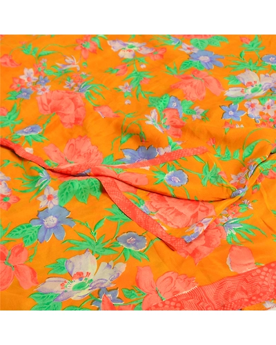 Sanskriti Vintage Sarees Saffron Pure Crepe Silk Printed Sari Soft Craft Fabric, PRC-19164-Saffron-Printed Floral Design-Pure Crepe Silk-1
