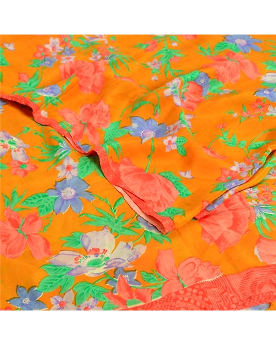 Sanskriti Vintage Sarees Saffron Pure Crepe Silk Printed Sari Soft Craft Fabric, PRC-19164-Saffron-Printed Floral Design-Pure Crepe Silk-2