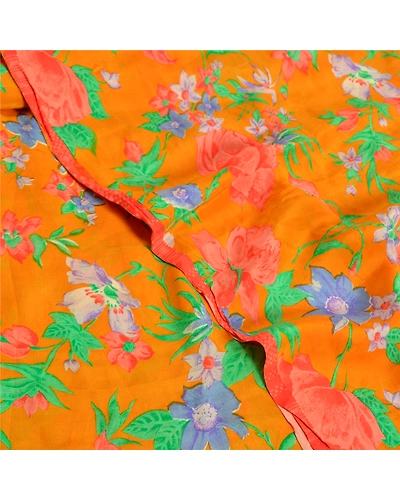 Sanskriti Vintage Sarees Saffron Pure Crepe Silk Printed Sari Soft Craft Fabric, PRC-19164-Saffron-Printed Floral Design-Pure Crepe Silk-5