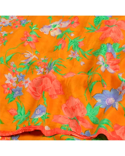 Sanskriti Vintage Sarees Saffron Pure Crepe Silk Printed Sari Soft Craft Fabric, PRC-19164-Saffron-Printed Floral Design-Pure Crepe Silk-6
