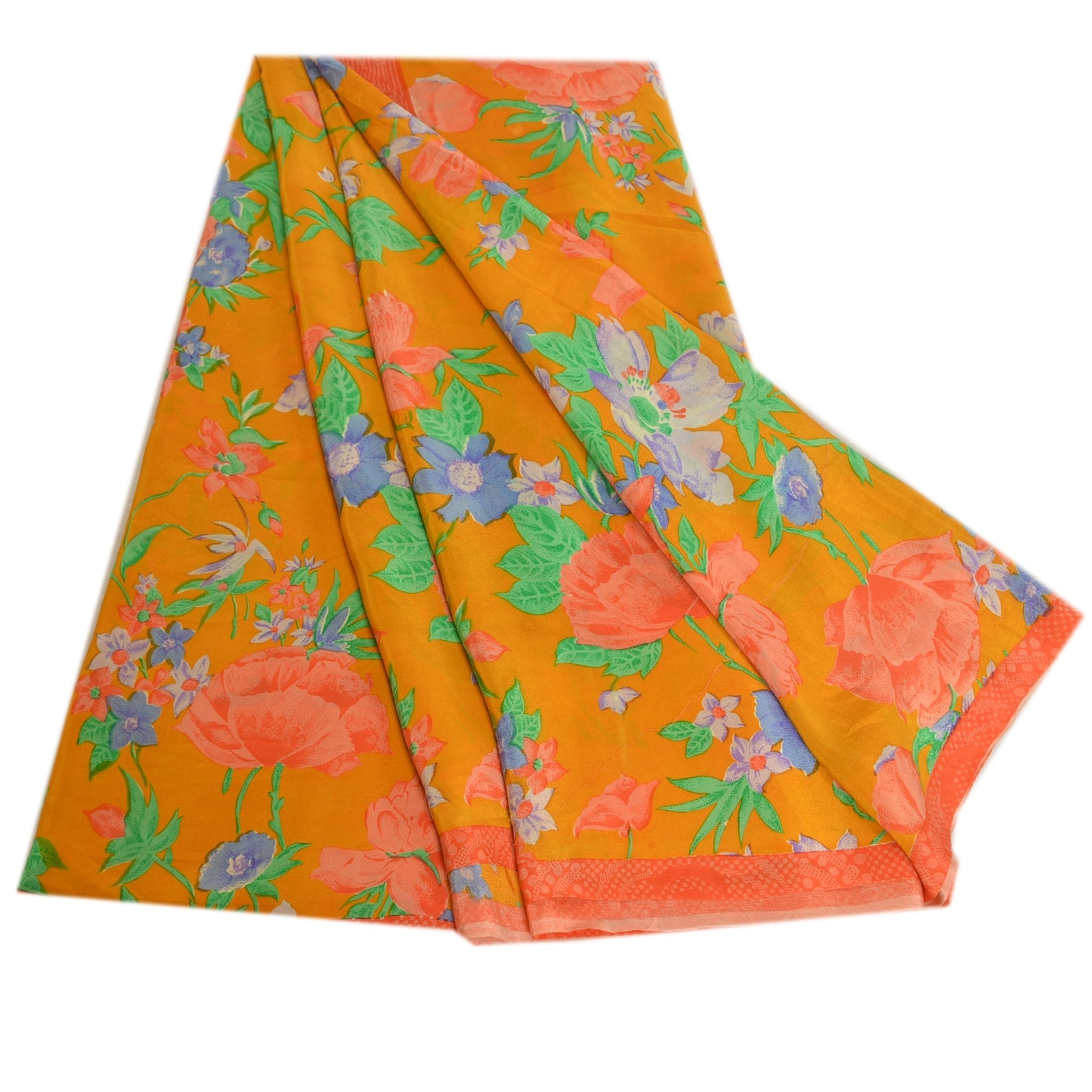 Sanskriti Vintage Sarees Saffron Pure Crepe Silk Printed Sari Soft Craft Fabric, PRC-19164-Saffron-Printed Floral Design-Pure Crepe Silk-7