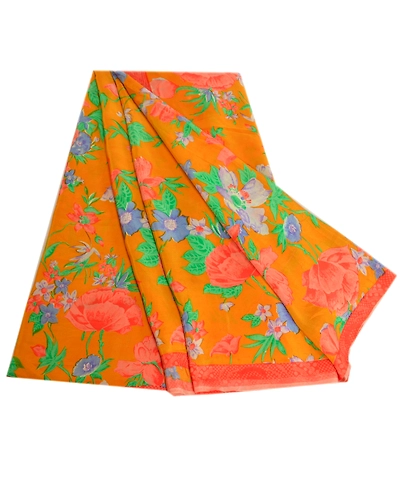 Sanskriti Vintage Sarees Saffron Pure Crepe Silk Printed Sari Soft Craft Fabric, PRC-19164-Saffron-Printed Floral Design-Pure Crepe Silk-7