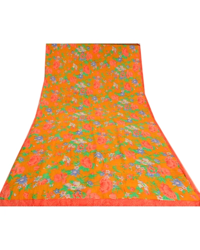 Sanskriti Vintage Sarees Saffron Pure Crepe Silk Printed Sari Soft Craft Fabric, PRC-19164-Saffron-Printed Floral Design-Pure Crepe Silk-8
