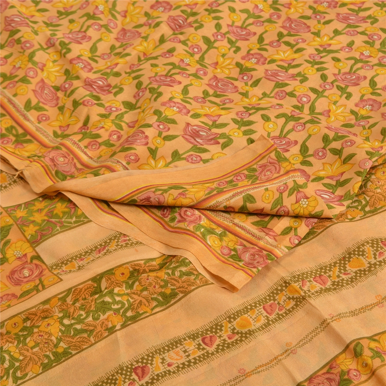 Sanskriti Vintage Sarees Salted Caramel Pure Crepe Silk Print Sari Craft Fabric, PRC-19166-Salted Caramel-Printed Floral Design-Pure Crepe Silk-1