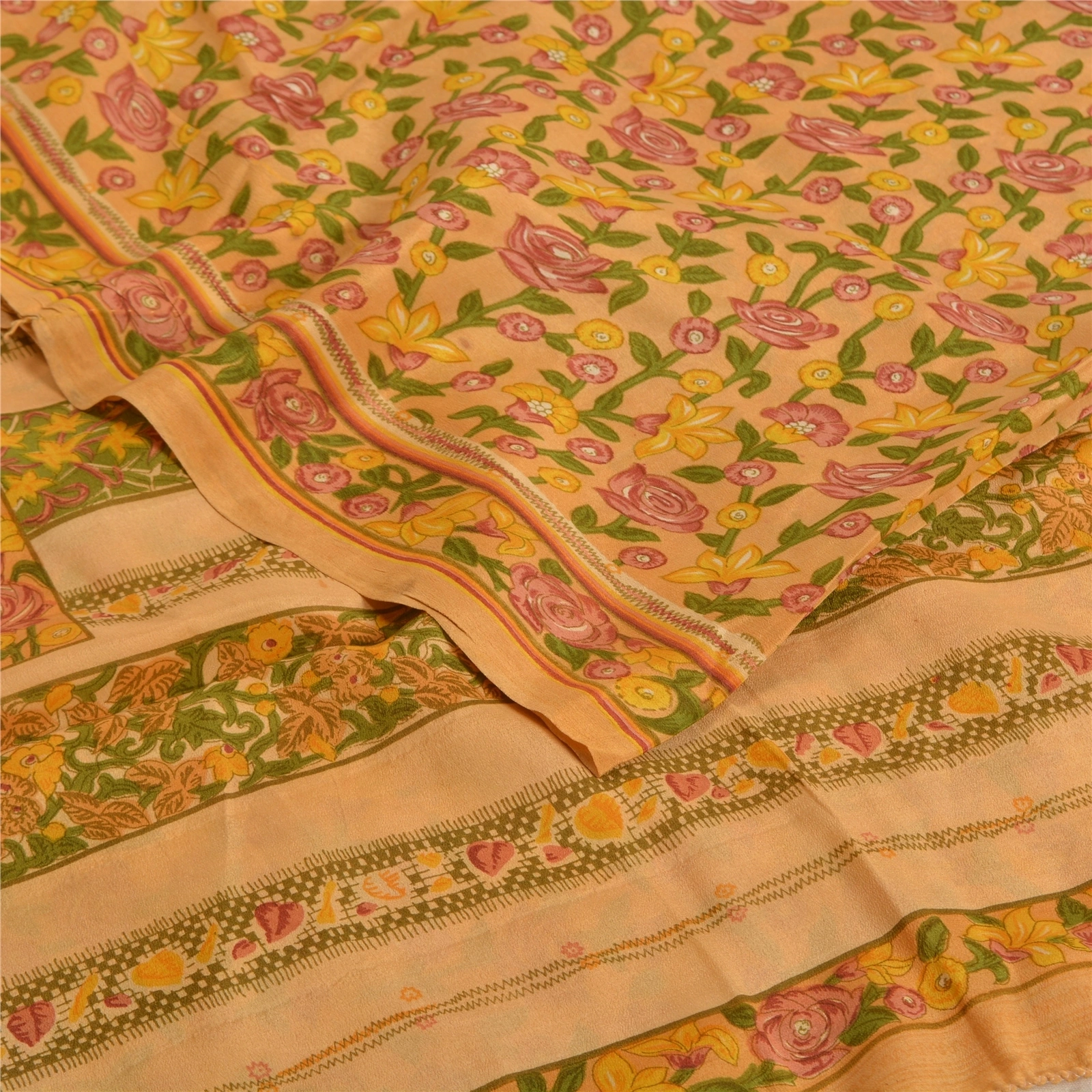 Sanskriti Vintage Sarees Salted Caramel Pure Crepe Silk Print Sari Craft Fabric, PRC-19166-Salted Caramel-Printed Floral Design-Pure Crepe Silk-2