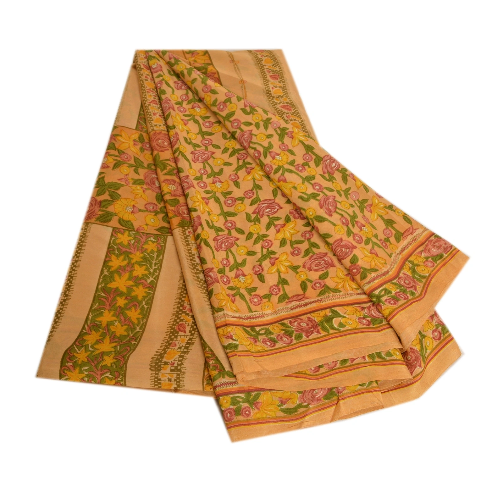 Sanskriti Vintage Sarees Salted Caramel Pure Crepe Silk Print Sari Craft Fabric, PRC-19166-Salted Caramel-Printed Floral Design-Pure Crepe Silk-7