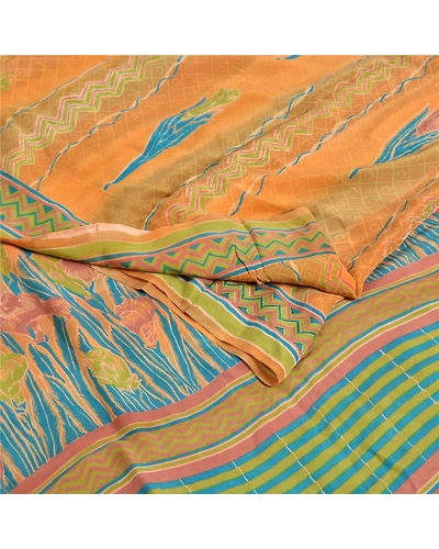 Sanskriti Vintage Sarees Indian Orange Pure Crepe Silk Printed Sari Craft Fabric, PRC-19171-Orange-Printed Floral Design-Pure Crepe Silk-1
