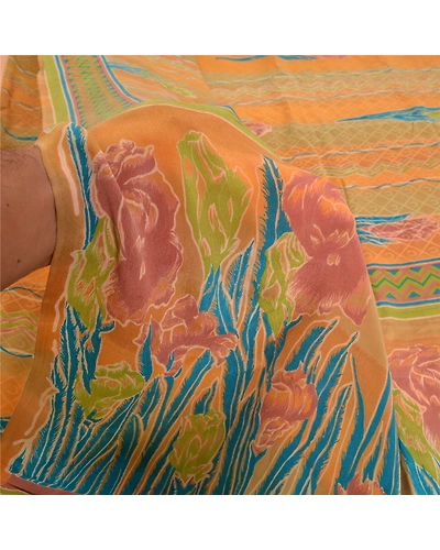 Sanskriti Vintage Sarees Indian Orange Pure Crepe Silk Printed Sari Craft Fabric, PRC-19171-Orange-Printed Floral Design-Pure Crepe Silk-3