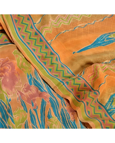Sanskriti Vintage Sarees Indian Orange Pure Crepe Silk Printed Sari Craft Fabric, PRC-19171-Orange-Printed Floral Design-Pure Crepe Silk-5
